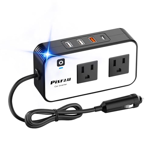 200W Car Power Inverter, PiSFAU DC 12V to 110V AC Car Plug Adapter Outlet with [20W USB-C] /USB-Fast Charger(18W) / 4.8A Dual USB/car Charger for Laptop