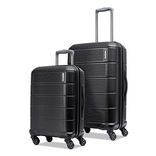 American Tourister Stratum 2.0 Hardside Expandable Luggage with Spinners, Jet Black, 2PC SET (Carry-on/Medium)