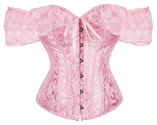 Moessa Women Floral Lace Off Shoulder Corset Bustier Boned Overbust Corset Bodyshaper Lingerie Top 902-Pink-M