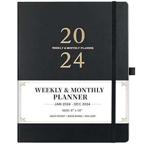 2024 Planner - Planner 2024, Jan 2024 - Dec 2024, 2024 Weekly & Monthly Planner with Note Page for Each Week, 8' x 10', Hardcover with Back Pocket + Thick Paper + Pen Loop + Elastic Band - Black