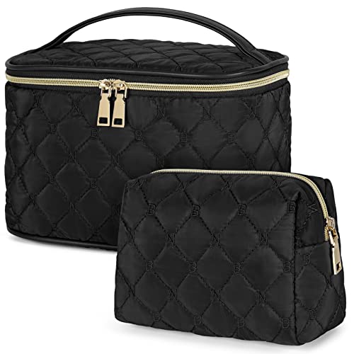 NUBILY Makeup Bag 2 Pcs for Travel Cosmetic Bag Large Make Up Brush Organizer Portable Toiletry Bag With Soft Handle Weave Cosmetics Storage Case for Women and Girls, Black