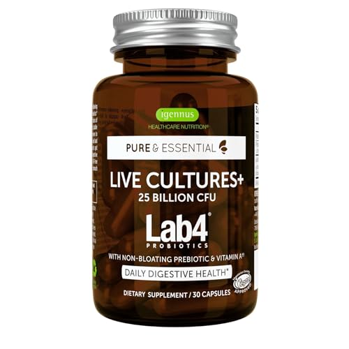 Live Cultures+ Lab4 Probiotics & Prebiotic, Vegan, Non-GMO, Lactobacillus Acidophilus & Bifidobacterium, Guaranteed 25 Billion CFU, Non-Bloating Gut Health Support, 30 Capsules, by Igennus