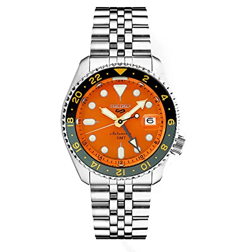 Seiko SSK005 Automatic Watch for Men - 5 -Sports - Orange Dial with Date Calendar and Luminous Hands & Markers and Gray GMT Bezel, 100m Water-Resistant