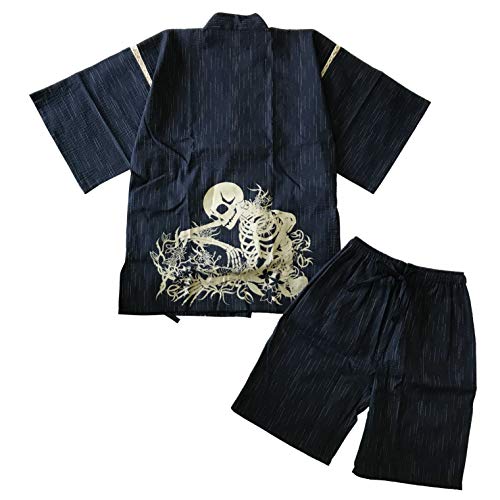 Edoten Original discharge style Cotton100% Kimono Jinbei 703 L. Black Flower Skull(waist place)