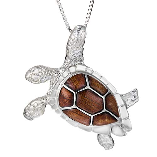 Aloha Jewelry Company 925 Sterling Silver Koa Wood 3D Turtle Necklace Pendant with 18' Box Chain, Nickel Free Hypoallergenic for Sensitive Skin, Ocean Sea Life, Gift Box Included (Large)