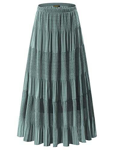 NASHALYLY Women's Chiffon Elastic High Waist Pleated A-Line Flared Maxi Skirts(Sage Green,M)
