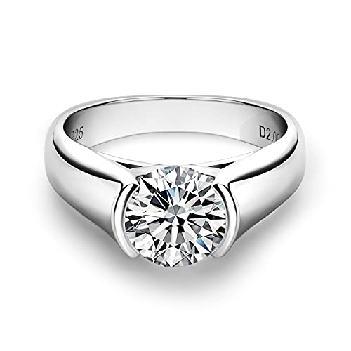 CivetCat 2 Carat Moissanite Half Bezel Set Ring for Women Platinum Plated Silver D-E-F color VVS 8mm Moissanite Diamond Solitaire Engagement Promise Band (9)
