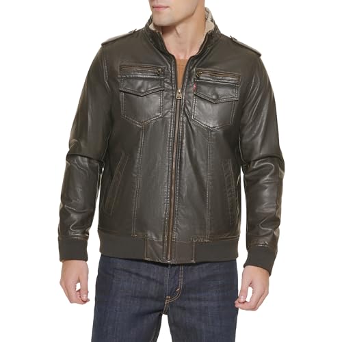 Levi's mens Vintage Deer Sherpa Lined Aviator Bomber Faux Leather Jacket, Dark Brown, Medium US
