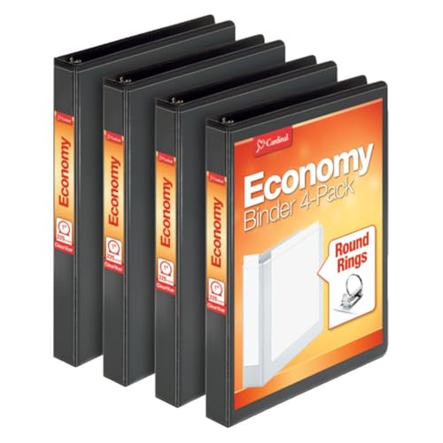 Cardinal Economy 3 Ring Binder, 1 Inch, Presentation View, Black, Holds 225 Sheets, Nonstick, PVC Free, 4 Pack of Binders (79512)