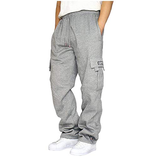 Maryia Men's Elastic Waist Drawstring Active Pants Solid Color Casual Loose Fit Joggers Athletic Trousers with Pockets Gray, Medium