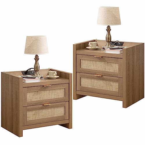 SICOTAS Night Stands Set of 2 - Large Nightstand with Type-C Charging Station & 2 Rattan-Like Decor Drawer - Boho Night Stand Set of 2 End Table Bedside Table for Bedroom - Natural Oak