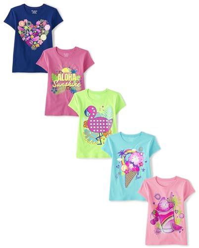 The Children's Place Girls' Assorted Everyday Short Sleeve Graphic T-Shirts, Multipacks, Summer Vibes 5-Pack, Medium