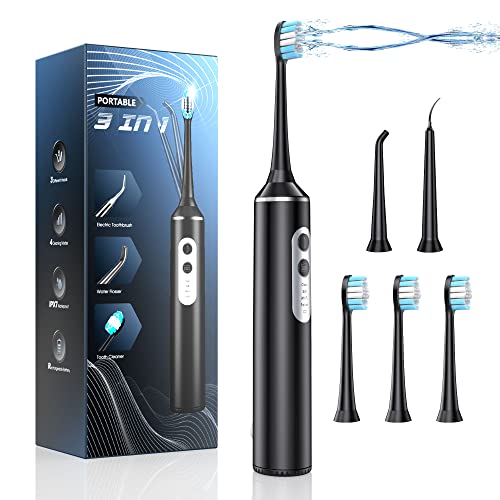 Water Dental Flosser with Electric Toothbrush, One Switch Between Tooth Brush & Water Floss, 3 in 1 Teeth Cleaning Kit with 4 Modes, Water Flosser Portable for Travel and Home (Black)