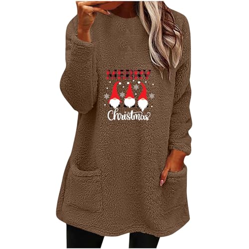 ZCVBOCZ Fleece Tops For Women Long Sleeve Crewneck Winter Warm Pullover Cute Gnome Christmas Sweatshirt With Pockets