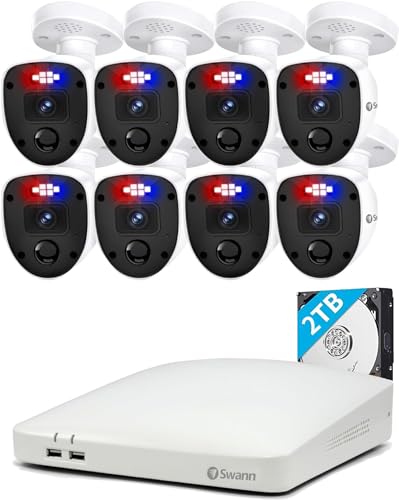 Swann Home DVR Enforcer Security Cam System with 2TB HDD, 8 Channel 8 Cam, 4K UHD Video, Indoor Outdoor Wired Surveillance CCTV, Color Night Vision, Heat Motion Detection, LED Lights, Sirens, 856808