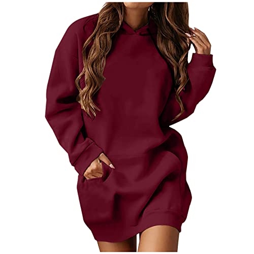 Gobehebe Hoodie Dress for Women Solid Hooded Sweatshirt Lightweight Long Sleeve Pullover Tops Fall Fashion Loose Tunic Dress Red