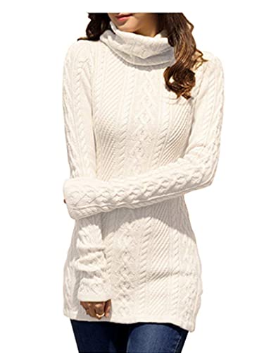 v28 Women Polo Neck Long Slim Fitted Dress Bodycon Turtleneck Cable Knit Sweater (XS,White)