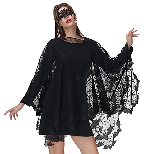 For G and PL Halloween Women's Black Lace Spider Web Costumes Witch Loose Scalloped Hem Poncho Scary Cape