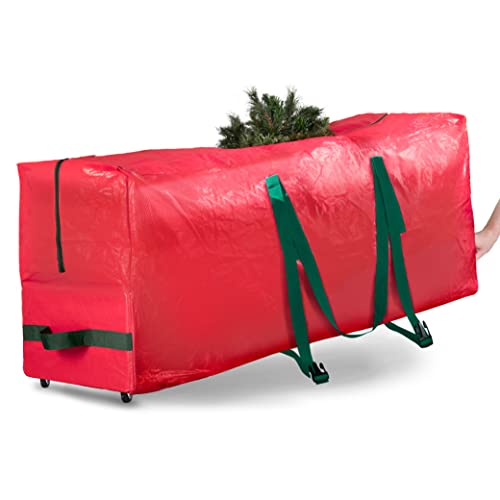 Zober Christmas Tree Storage Bag 7.5 Ft - Rolling Christmas Tree Storage Box - Plastic, Durable Handles and Wheels - Large Christmas Tree Bag - Red
