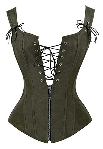 Charmian Women's Vintage Renaissance Lace Up Bustier Corset with Garters Olive Small