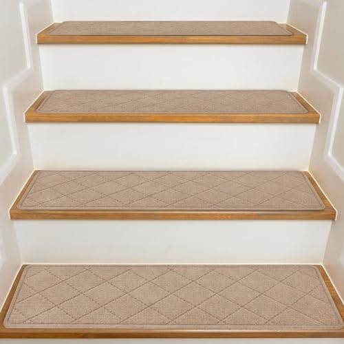 KOOTETA Stair Treads for Wooden Steps Indoor, 15 Pack 8' X 30' Non Slip Carpet Stair Treads with Reusable Adhesive for Kids Elders and Dogs, Surface Polyester TPR Backing Stair Rugs, Beige