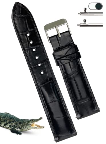 vinacreations 18mm Black Alligator Belly Leather Watch Band Crocodile Strap Men Quick Release Premium Replacement Wristwatch Band Buckle Handmade by Vietnamese DH-01-18MM