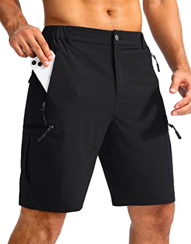 Pudolla Men's Hiking Cargo Shorts 9' Lightweight Outdoor Work Shorts for Men Travel Golf Camping Casual with 5 Zipper Pockets(Black Large)