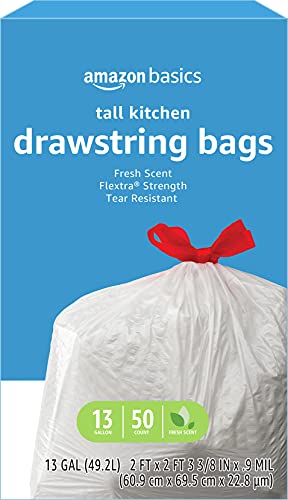 Amazon Basics Flextra Tall Kitchen Drawstring Trash Bags, Fresh Scent, 13 Gallon, 50 Count