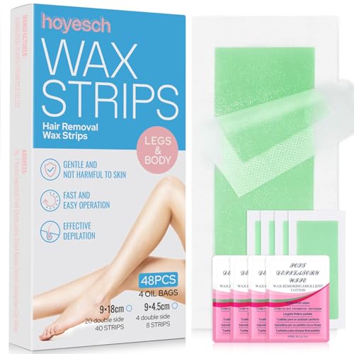 hoyesch 48Wax Strips -Wax Strips for Hair Removal - Facial Hair Removal for Women - Waxing Kit for Face, Body, Arms, Legs, Chest, Back, Bikini & Brazilian 48ct Waxing Strips & 4Calming Oil Wipes