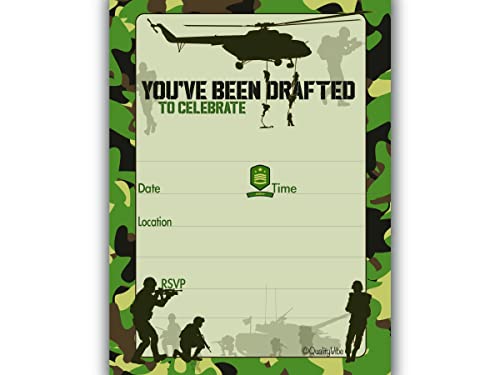 25 Army Birthday Invitations With Envelopes, Fill In Style You're Invited For Camo Military Theme Birthday Parties Or Sleepover. Camouflage Military, Special Forces Or Secret Operation Theme. Thick & Non Coated Cardstock For Use With Any Pen.