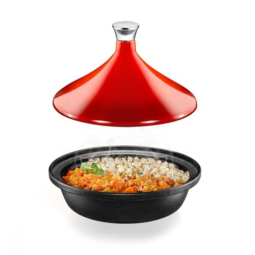 NutriChef Moroccan Tagine Pot for Cooking - Premium Cast Iron Cooking Pot with Stainless Steel Knob and Red Cone-Shaped Porcelain Enameled Lid - 11.6' Width, 2.75 Qt