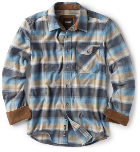 CQR Men's All Cotton Flannel Shirt, Long Sleeve Casual Button Up Plaid Shirt, Brushed Soft Outdoor Shirts, Plaid Ocean Sand, Medium