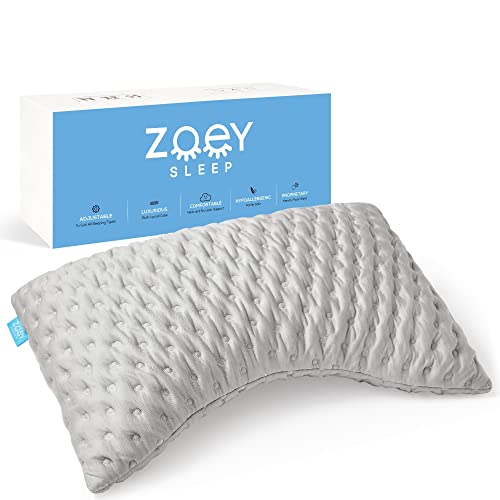 Zoey Sleep Side Sleep Pillow for Neck and Shoulder Pain Relief - Adjustable Memory Foam Bed Pillows for Sleeping - Plush Machine Washable Pillow Cover - Queen Size 19' x 29' (Queen, Grey)