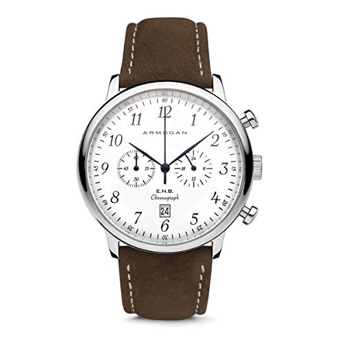 ARMOGAN E.N.B - Silvered Whited C81 - Men's Chronograph Watch Brown Suede Leather Strap