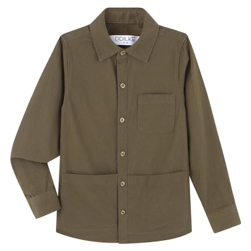 DILBYKE Boys’ Long Sleeve Shirt Jacket Solid Button Down Uniform Woven Shirts with Pocket, Brown, 11-12 Years