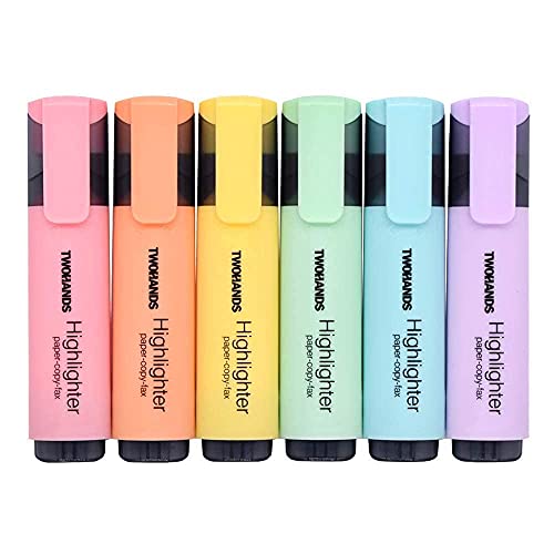 TWOHANDS Highlighter,Chisel Tip Marker Pen,6 Assorted Pastel Colors,with Large Ink Reservoir for Extra Long Marking Performance 20079