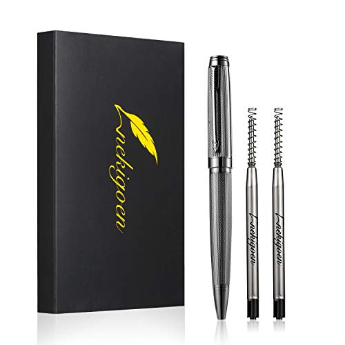 nekigoen Ballpoint Pen with Gift Box for Men Women,Luxury Stainless Steel Retractable Pen Executive Home Office Use, and 2 Extra Refills Black Ink 1.0mm B2 (full gray)