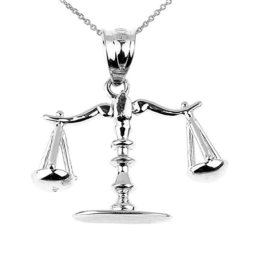 Fine 10k Solid White Gold 3D Scales of Justice Charm Pendant Necklace, 16'