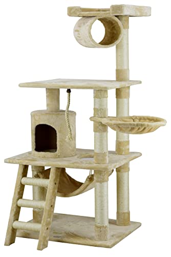 Go Pet Club 62' Classic Cat Tree Kitty Tower Kitten Condo Scratcher for Indoor Cats with Sisal Posts, Condo, Ladder, Soft Perch, Hammock, Basket Bed, and Tunnel Cat Activity Center Furniture, Beige