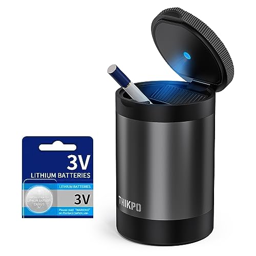 THIKPO 2023 Upgraded Car Ashtray with Lid, Portable Ashtray for Car, Mini Car Trash Can, Detachable Stainless Steel Smokeless Ash Tray with LED Blue Light, Windproof for Outdoor Travel, Home Use