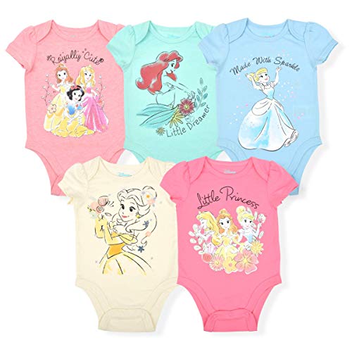 Disney Princess Girl's 5-Piece Short Sleeve Baby Bodysuit Creeper Multi-Colored Set, Size 3-6 Months