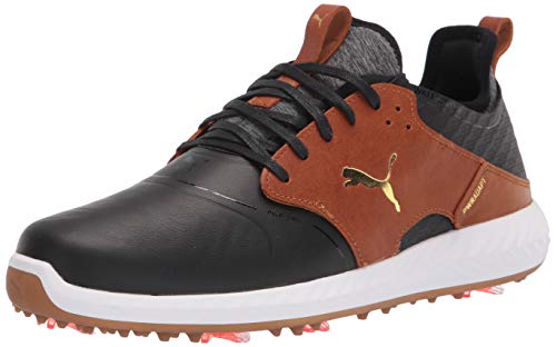 PUMA Men's Ignite Pwradapt Caged Crafted Golf Shoe, Black-Leather Brown Team Gold, 10.5