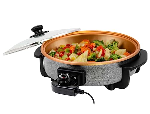OVENTE Electric Skillet and Frying Pan, 12 Inch Round Cooker with Nonstick Coating, 1400W Power, Adjustable Temperature Control, Tempered Glass Lid with Vent and Cool Touch Handles, Copper SK11112CO