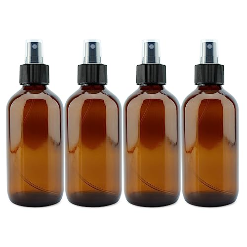 Cornucopia 8-Ounce Amber Glass Fine Mist Spray Bottles (4-Pack); Boston Round w/Atomizer Spritzers for Aromatherapy, Perfume, Cologne, DIY & More