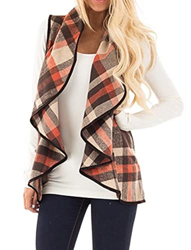 YACUN Women Vest Lapel Open Front Buffalo Plaid Sleeveless Cardigan Jacket Coat with Pockets Coffee XL