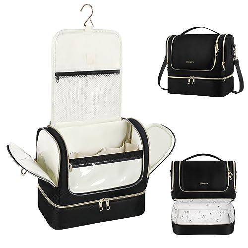 Travel Toiletry Bag for Women, Double Layer Hanging Makeup Organizer Bag with Waterproof Pocket, Cosmetic Bag Travel Essentials for Full Sized Toiletries, Travel, Business Trips, Family Use, Black