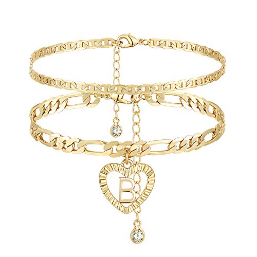 YANODA Initial Ankle Bracelets for Women 14K Gold Plated Layered Figaro Chain Letter Initial Anklets Handmade Layered Heart Ankle Bracelets Personalized Gifts for Women Teen Girls B