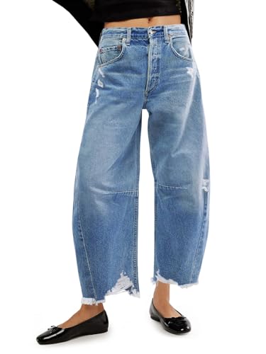 Cicy Bell Women's Baggy Wide Leg Jeans Barrel Horseshoe Boyfriend Cropped Raw Hem Denim Pants Light Blue