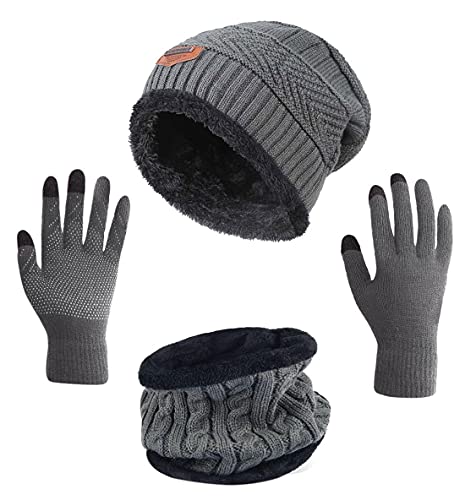 HINDAWI Winter Beanie Hat Neck Warmer Scarves Touch Screen Gloves Set for Women Knit Skull Cap Infinity Circle Scarf Dark Grey