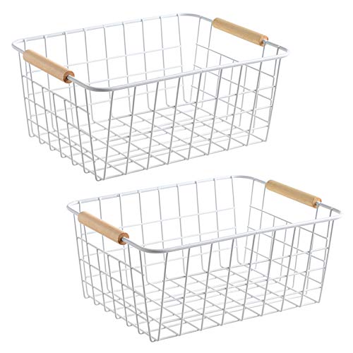 LeleCAT white wire baskets with Wooden Handles Storage Organizer Baskets, Household Refrigerator for Cabinets, Pantry, Closets, Bedrooms, kitchen - Set of 2（White）